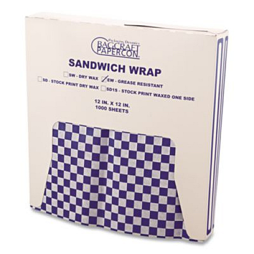 Bagcraft Grease-Resistant Paper Wraps and Liners, 12 x 12, Blue Check, 1,000/Box, 5 Boxes/Carton (057850)