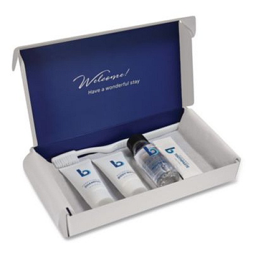 Boardwalk Amenities Kit, Mouth Rinse, Toothbrush, Toothpaste, Body Wash, Shampoo, Low Allergen, 12 Kits/Carton (AMENKITLA)