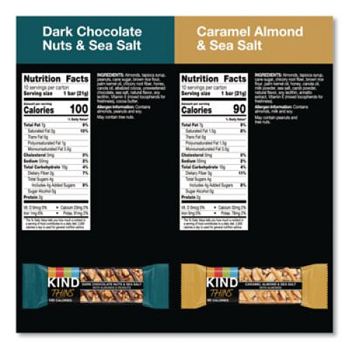 KIND Thins Dark Chocolate Nuts and Sea Salt/Caramel Almond and Sea Salt Variety Pack, 0.74 oz Bar, 20/Box (41888)