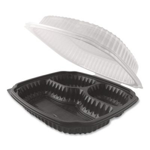 Anchor Packaging Culinary Lites Microwavable 3-Compartment Container, 20 oz/5 oz/5 oz, 9 x 9 x 3.13, Clear/Black, Plastic, 100/Carton (4699931)