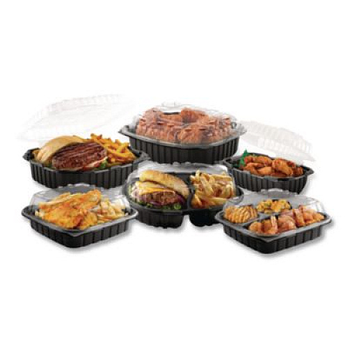 Anchor Packaging Culinary Lites Microwavable 3-Compartment Container, 20 oz/5 oz/5 oz, 9 x 9 x 3.13, Clear/Black, Plastic, 100/Carton (4699931)