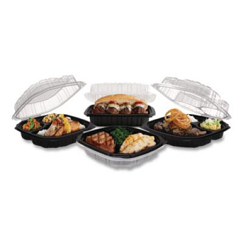 Anchor Packaging Culinary Lites Microwavable 3-Compartment Container, 20 oz/5 oz/5 oz, 9 x 9 x 3.13, Clear/Black, Plastic, 100/Carton (4699931)