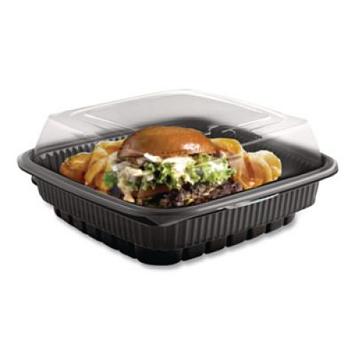Anchor Packaging Culinary Squares Two-Piece Microwavable Container, Deep Lid, 36 oz, 8.46 x 8.46 x 2.91, Clear/Black, Plastic, 150/Carton (4118515)