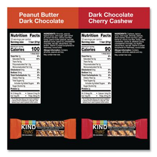 KIND Thins Peanut Butter Dark Chocolate and Dark Chocolate Cherry Cashew Variety Pack, 0.74 oz Bar, 20/Box (41891)