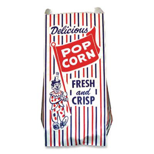 Bagcraft Pinch-Bottom Paper Popcorn Bag, Delicious Popcorn: Circus Clown Icon Labeling, 4" x 1.5" x 8", Red/White/Blue, 1,000/Carton (300471)