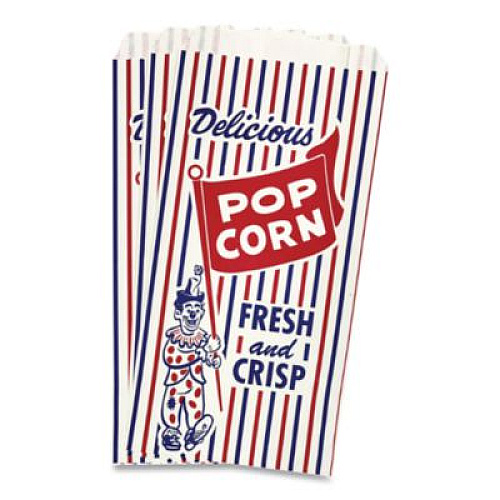 Bagcraft Pinch-Bottom Paper Popcorn Bag, Delicious Popcorn: Circus Clown Icon Labeling, 4" x 1.5" x 8", Red/White/Blue, 1,000/Carton (300471)