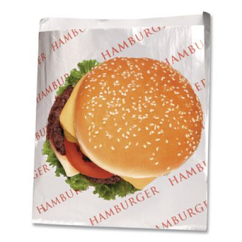 Bagcraft Foil Single-Serve Bags, Hamburger Labeling, 6" x 0.75" x 6.5", Silver/Red, 1,000/Carton (300527)