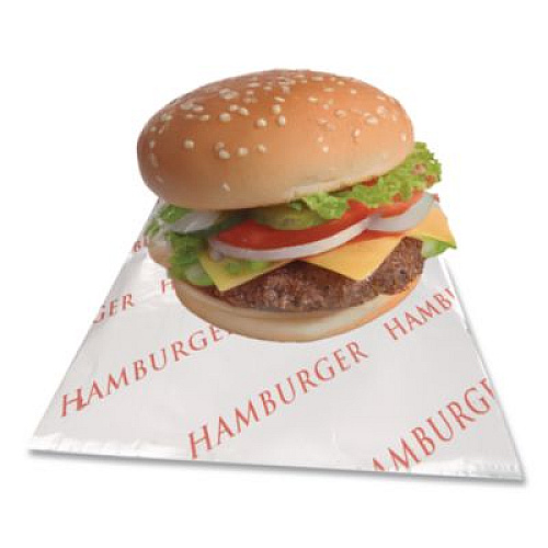 Bagcraft Foil Single-Serve Bags, Hamburger Labeling, 6" x 0.75" x 6.5", Silver/Red, 1,000/Carton (300527)
