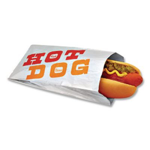 Bagcraft Foil Single-Serve Bags, Hot Dog Labeling, 3.5" x 1.5" x 8.5", Silver/Red/Orange, 1,000/Carton (300455)