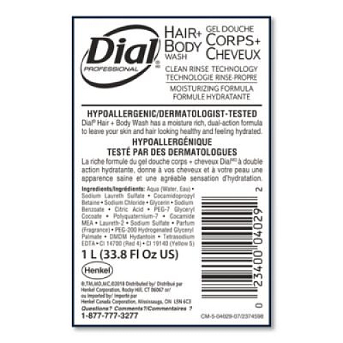 Dial Professional Hair + Body Wash Refill for 1 L Liquid Dispenser, Neutral Scent, 1 L, 8/Carton (04029)
