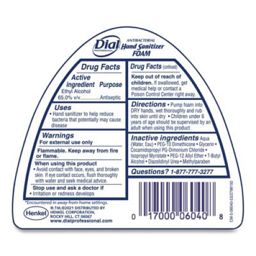 Dial Professional Antibacterial Foam Hand Sanitizer, 15.2 oz Pump Bottle, Fragrance-Free, 4/Carton (06040)