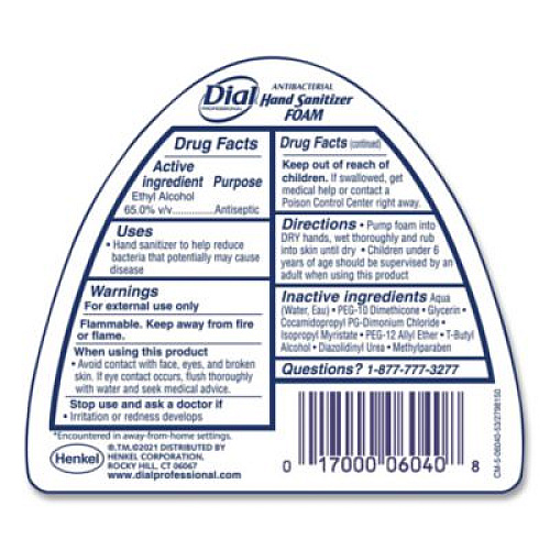 Dial Professional Antibacterial Foam Hand Sanitizer, 15.2 oz Pump Bottle, Fragrance-Free (06040EA)