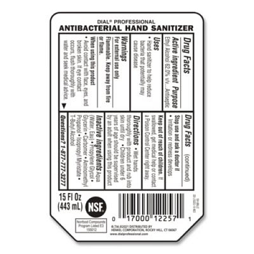 Dial Professional Antibacterial Gel Hand Sanitizer Refill for Versa Dispenser, Fragrance-Free, 15 oz, 6/Carton (12258CT)