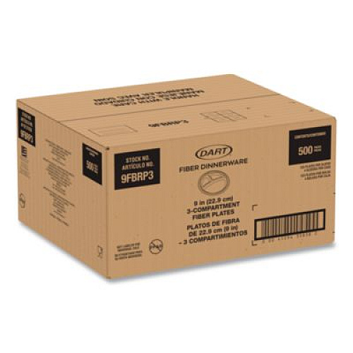 Dart Compostable Molded Fiber Dinnerware, ProPlanet Seal, 3-Compartment Plate, 9" dia, Natural, 500/Carton (9FBRP3)
