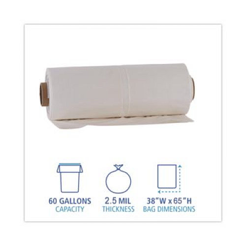 Boardwalk Industrial Can Liner Rolls, 60 gal, 2.5 mil, 21" x 17" x 65", Clear, 50/Carton (D3865)