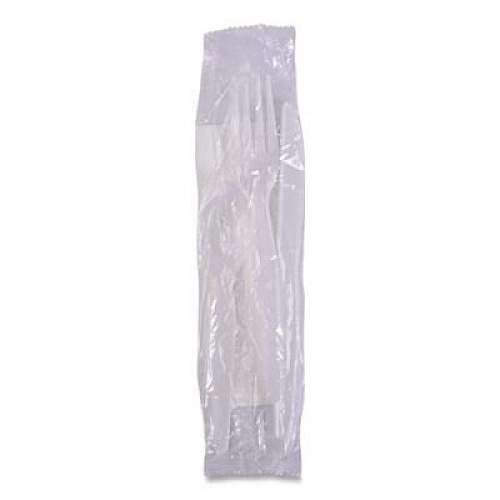 Boardwalk Four-Piece Cutlery Kit, Mediumweight, Fork/Knife/Napkin/Spoon, Plastic, White, 250/Carton (FKTNMWPPWH)