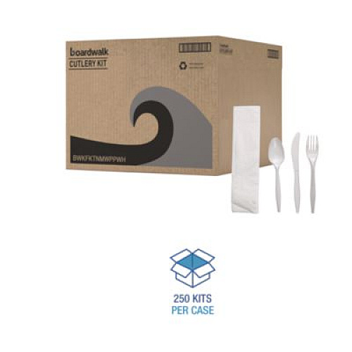 Boardwalk Four-Piece Cutlery Kit, Mediumweight, Fork/Knife/Napkin/Spoon, Plastic, White, 250/Carton (FKTNMWPPWH)