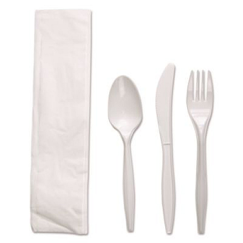 Boardwalk Four-Piece Cutlery Kit, Mediumweight, Fork/Knife/Napkin/Spoon, Plastic, White, 250/Carton (FKTNMWPPWH)