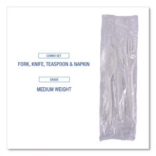 Boardwalk Four-Piece Cutlery Kit, Mediumweight, Fork/Knife/Napkin/Spoon, Plastic, White, 250/Carton (FKTNMWPPWH)
