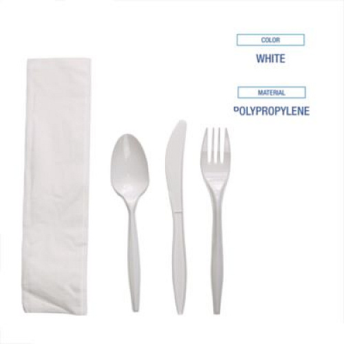 Boardwalk Four-Piece Cutlery Kit, Mediumweight, Fork/Knife/Napkin/Spoon, Plastic, White, 250/Carton (FKTNMWPPWH)