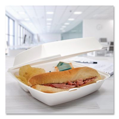 Dart Foam Hinged Lid Containers, 3 Compartments, 9.5 x 10.26 x 3.4, White, 200/Carton (110HT3)