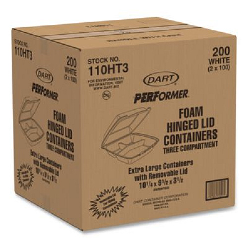 Dart Foam Hinged Lid Containers, 3 Compartments, 9.5 x 10.26 x 3.4, White, 200/Carton (110HT3)