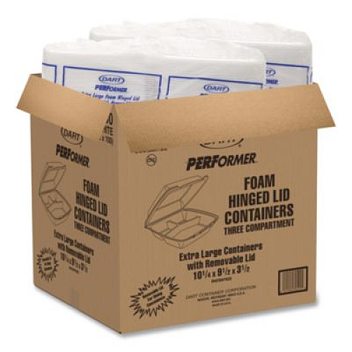Dart Foam Hinged Lid Containers, 3 Compartments, 9.5 x 10.26 x 3.4, White, 200/Carton (110HT3)