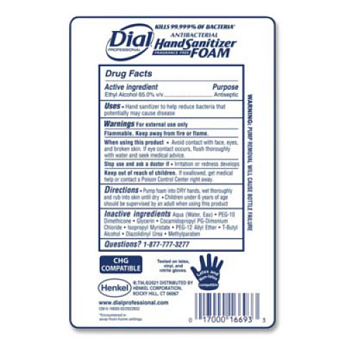 Dial Professional Antibacterial Foaming Hand Sanitizer Refill for FIT Touch Free Dispenser, 1 L Bottle, Fragrance-Free, 3/Carton (16694)