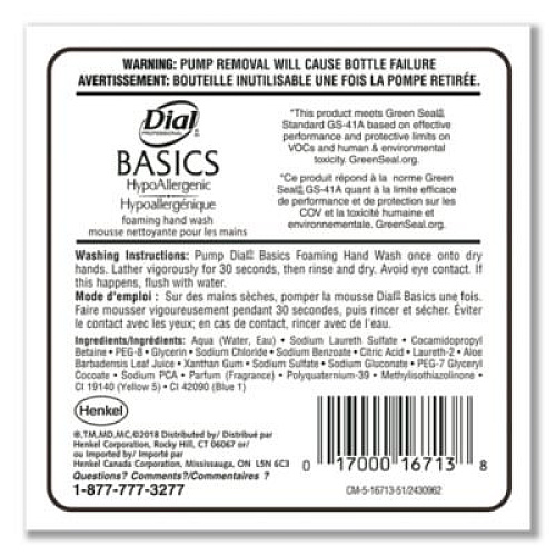 Dial Professional Basics Hypoallergenic Foaming Hand Wash Refill for FIT Manual Dispenser, Honeysuckle Scent, 1.2 L, 3/Carton (16714)