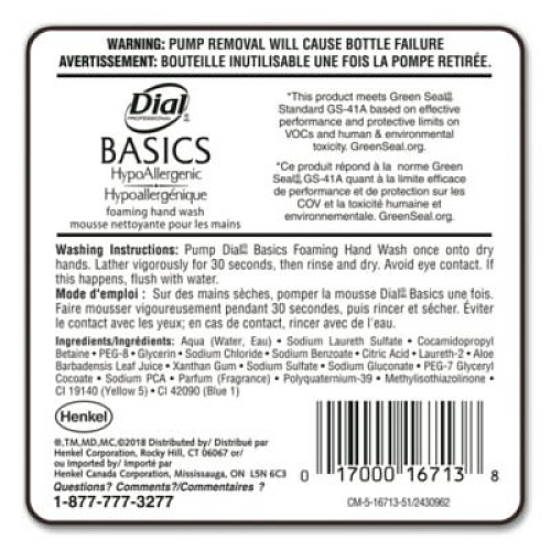 Dial Professional Basics Hypoallergenic Foaming Hand Wash Refill for FIT Manual Dispenser, Honeysuckle Scent, 1.2 L (16714EA)