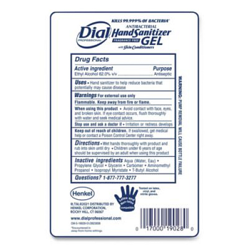 Dial Professional Antibacterial Gel Hand Sanitizer Refill for FIT Touch Free Dispenser, 1.2 L Bottle, Fragrance-Free, 3/Carton (19029)