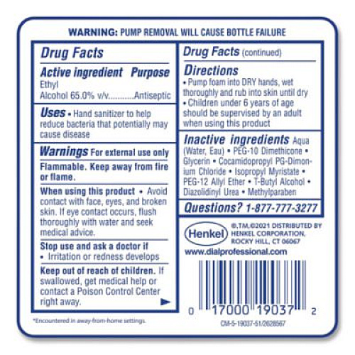 Dial Professional Antibacterial Foaming Hand Sanitizer Refill for FIT Manual Dispenser, 1.2 L Bottle, Fragrance-Free, 3/Carton (19038)