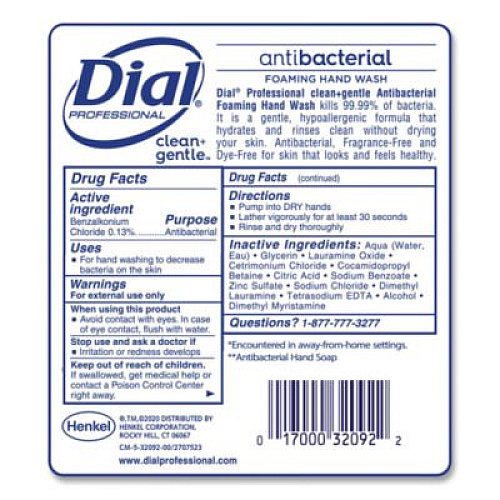 Dial Professional Clean+Gentle Antibacterial Foaming Hand Wash Refill for 1700 Dispenser, Fragrance-Free, 1.7 L, 3/Carton (32094)
