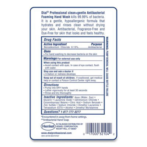 Dial Professional Clean+Gentle Antibacterial Foaming Hand Wash Refill for FIT Touch Free Dispenser, Fragrance-Free, 1 L, 3/Carton (32106CT)