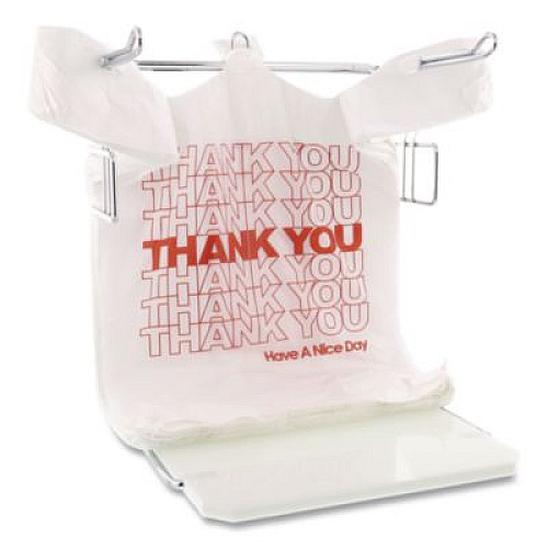 Barnes Paper Company Thank You High-Density Shopping Bags, Have a Nice Day Labeling, Cut-Out Handles, 18" x 8" x 30", White/Red, 500/Carton (18830THYOU)