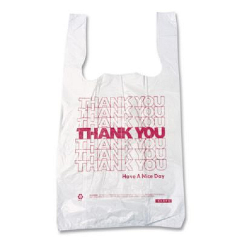 Barnes Paper Company Thank You High-Density Shopping Bags, Have a Nice Day Labeling, Cut-Out Handles, 8" x 4" x 16", White/Red, 2,000/Carton (8416THYOU)