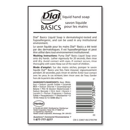 Dial Professional Basics MP Free Liquid Hand Soap Refill, Honeysuckle Scent, 3.78 L, 4/Carton (33809)