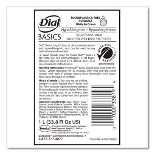Dial Professional Basics MP Free Liquid Hand Soap Refill, Unscented, 1 L, 8/Carton (33821)