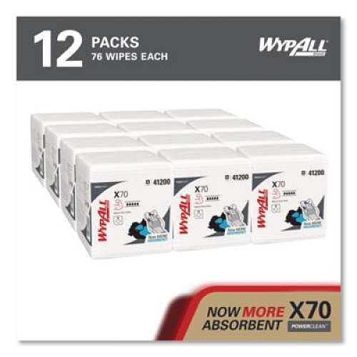 WypAll X70 Cloths, 1/4 Fold, 12.5 x 12, White, 76/Pack, 12 Packs/Carton (41200)