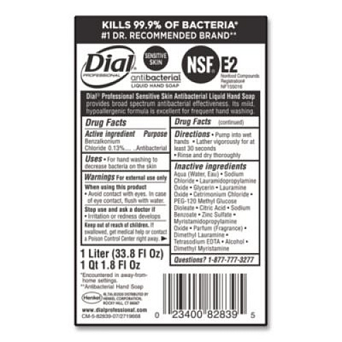 Dial Professional Antibacterial Liquid Hand Soap for Sensitive Skin Refill for 1 L Liquid Dispenser, Light Floral Scent, 1 L, 8/Carton (82839)
