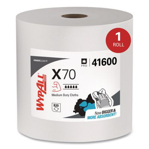 WypAll X70 Cloths, Jumbo Roll, Perforated, 12.4 x 12.2, White, 820 Towels/Roll (41600)