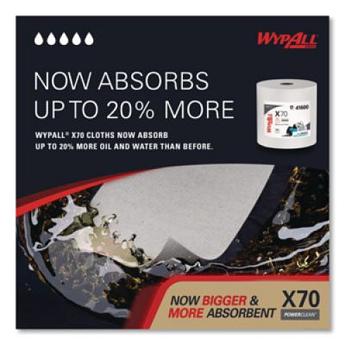WypAll X70 Cloths, Jumbo Roll, Perforated, 12.4 x 12.2, White, 820 Towels/Roll (41600)