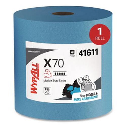 WypAll X70 Cloths, Jumbo Roll, 12.4 x 12.2, Blue, 820/Roll (41611)