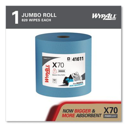 WypAll X70 Cloths, Jumbo Roll, 12.4 x 12.2, Blue, 820/Roll (41611)