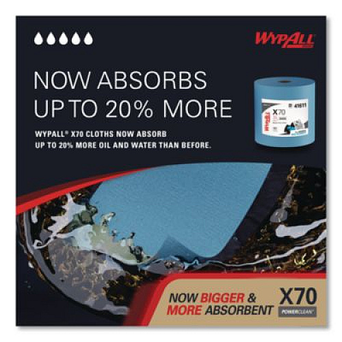 WypAll X70 Cloths, Jumbo Roll, 12.4 x 12.2, Blue, 820/Roll (41611)