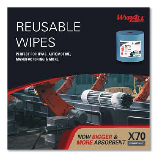 WypAll X70 Cloths, Jumbo Roll, 12.4 x 12.2, Blue, 820/Roll (41611)