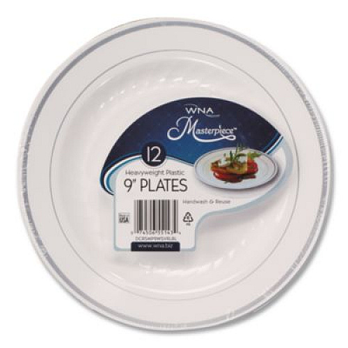 WNA Masterpiece Plastic Dinnerware, 9" dia, White/Silver, 10/Pack (RSM91210WSPK)