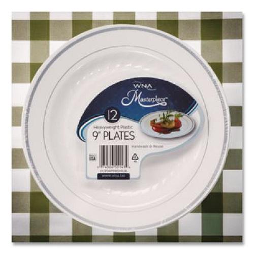 WNA Masterpiece Plastic Plates, 9" dia, White/Silver, 10/Pack, 12 Packs/Carton (RSM91210WS)