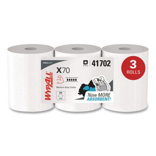 WypAll X70 Cloths, Center-Pull, 9.8 x 12.2, White, 275/Roll, 3 Rolls/Carton (41702)