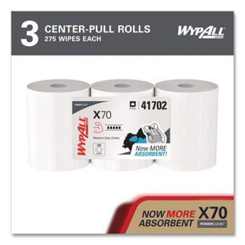 WypAll X70 Cloths, Center-Pull, 9.8 x 12.2, White, 275/Roll, 3 Rolls/Carton (41702)